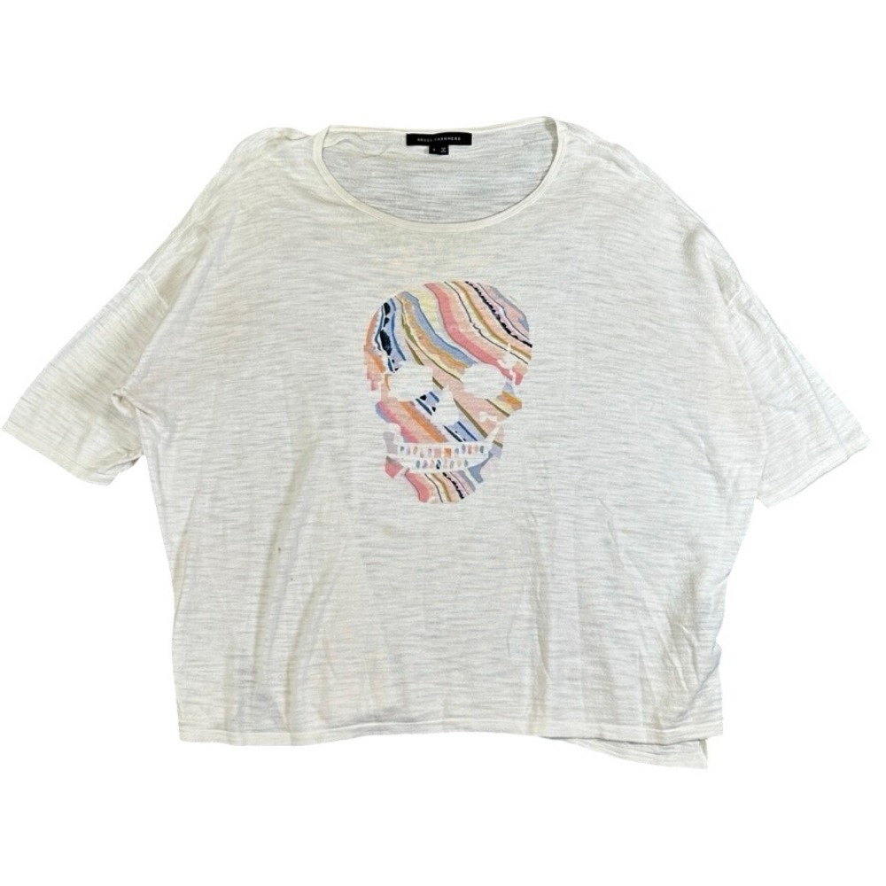 Skull Cashmere White Cotton Slub Knit Boxy Graphic T-Shirt Small Striped Skull
